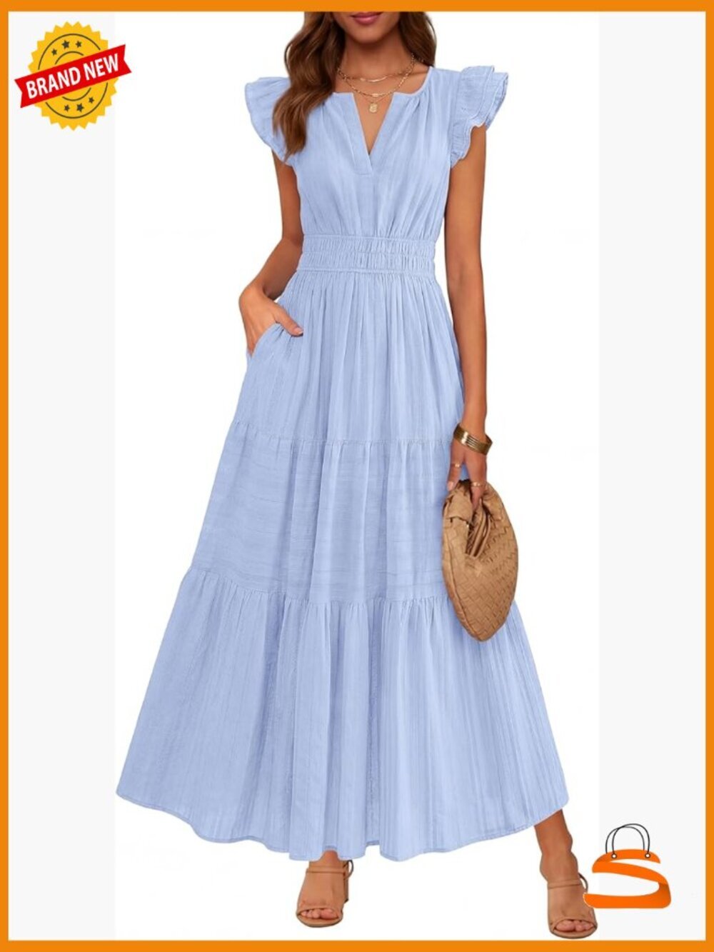 Summer Maxi Dress Boho Ruffle Flutter Sleeve A-Line Tiered Flowy Pockets